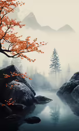 a stream in the middle of a rocky area surrounded by trees and flowers