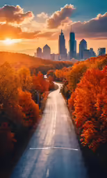 the view of a city skyline from a highway