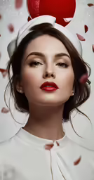 a young lady with a white dress and red lipstick has heart shaped hat on her head