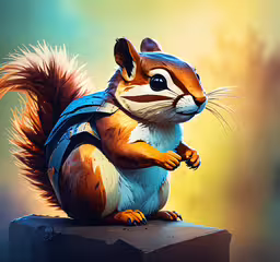 a painting of a squirrel with backpack on his back,a squirrel standing on top of a cement slab