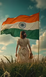 an indian woman with the flag of india walking away from the camera