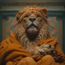 the head of an adult lion standing over a baby lion
