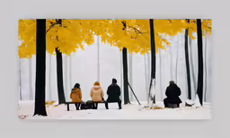 four people sitting on a bench during a wintery day
