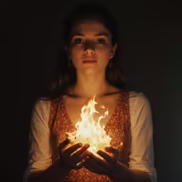 a girl holding out fire in her hands