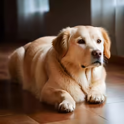 a dog laying on the floor next to some curtains