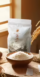 rice in a bowl on a wooden table with grains