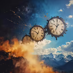a bunch of clocks flying in the air