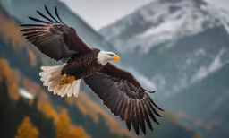 a large bald eagle flying in the mountains
