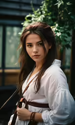 a woman with a brown and white shirt holds a camera