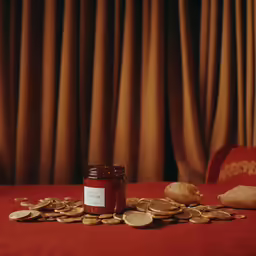 there are gold coins and a glass of wine on the table