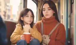 two young women, one with a cup of coffee and the other holding a cup of tea, are sitting on the metro train