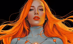 an orange headed woman with a candle in her hair