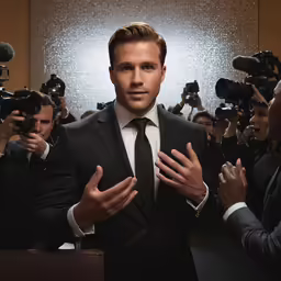 the man in a suit and tie is surrounded by his entourage