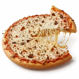 a white background with a slice of pizza being lifted from it