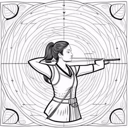 a woman is looking through a telescope,an illustration of a woman aiming with her rifle,a girl is holding a rifle, looking through the scope at something,a girl holding up a gun to the side of a maze,an illustration of a woman with a bow aiming