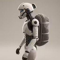 a robot is holding a large backpack in his hands