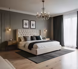 an elegant, master bedroom decorated with shades of grey and gold