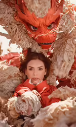 woman wearing head and gloves standing with large wool like animals