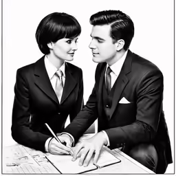 a woman and man in suits are sitting at a desk