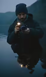 man holding up a camera on the water
