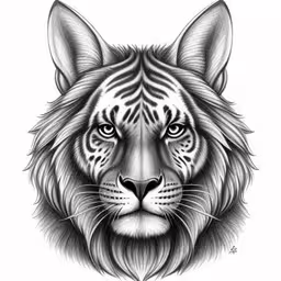 a white tiger head with a black line art,an animal with a face of a tiger