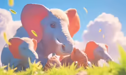 two elephants look at the camera while two smaller elephants stand in the background