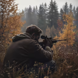 man in brown jacket aiming a rifle at something