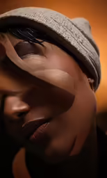 a close up of a womans face with a hat on