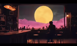 a man sitting on a bar under a full moon
