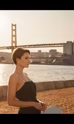 a woman in a black dress on the beach by the bay