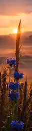 a large cluster of blue flowers with sunset in the background