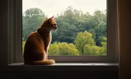 an orange cat sitting on top of a window sill