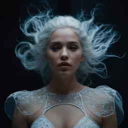 a young lady with white hair and no make - up is looking directly into the camera
