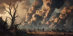a man is walking through the wilderness and the sky is covered with a lot of smoke