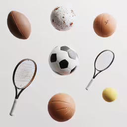 an array of sports balls and rackets are shown in this image