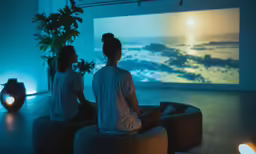 two women are sitting on some benches and looking at a screen