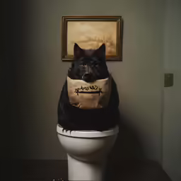 a black dog in a paper bag sitting on top of a toilet