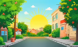a cartoon city street with sun setting over the buildings