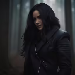 a girl in a black coat and a dark forest