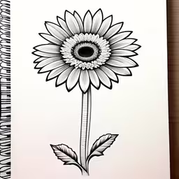 the drawing of a sunflower on a notebook,a sunflower drawing with pen on paper,a drawing of a flower on a spiral notebook,a large drawing of a flower on a piece of paper,a drawing of a sunflower on a notebook