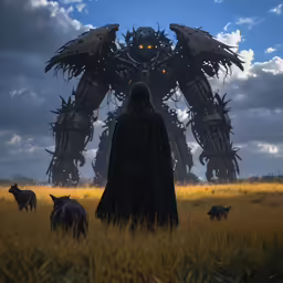 a person in a field with an enormous robot standing behind
