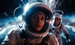 the girl in the space suit looks at the camera