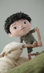 a small doll is next to a blanket on the bed