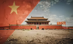 the asian flag in front of an old building