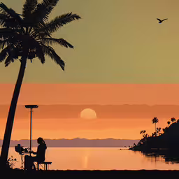 a person sitting on a bench next to a palm tree,the sun setting over an island with palm trees