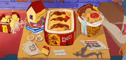painting of hamburger with a man