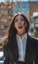 a woman is making a funny face in the city