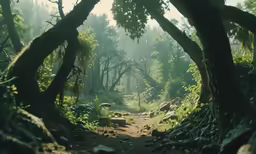 there is a view through trees at a small trail