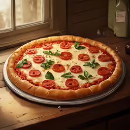 a pizza with tomatoes and cheese on a pan