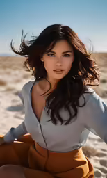 a woman wearing a dress sitting on top of a sandy beach